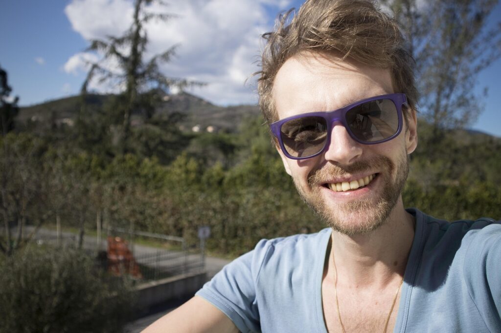 happy, man, happiness, adult, smile, fun, outdoors, laughing, male, person, tourist, tourism, travel, nature, summer, spring, sunglasses, handsome, attractive, alone, single, selfie, trip, confident, forest, selfie, selfie, selfie, selfie, selfie